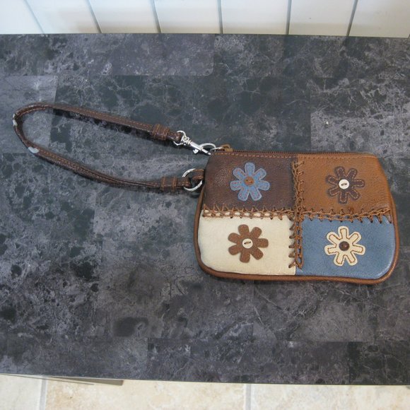 NWOT brown blue flower wristlet coin purse - Picture 2 of 6